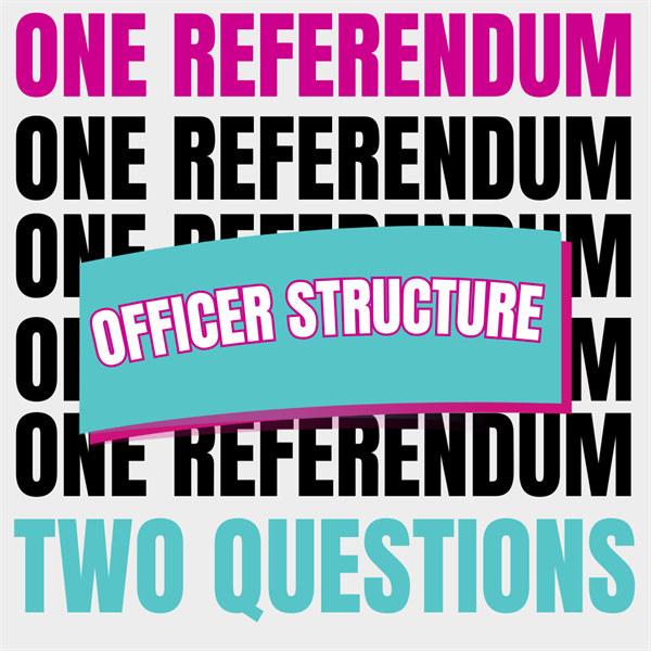 Black and Pink text saying One Referendum, Teal text saying Two questions, with a banner in the middle saying Officer Structure