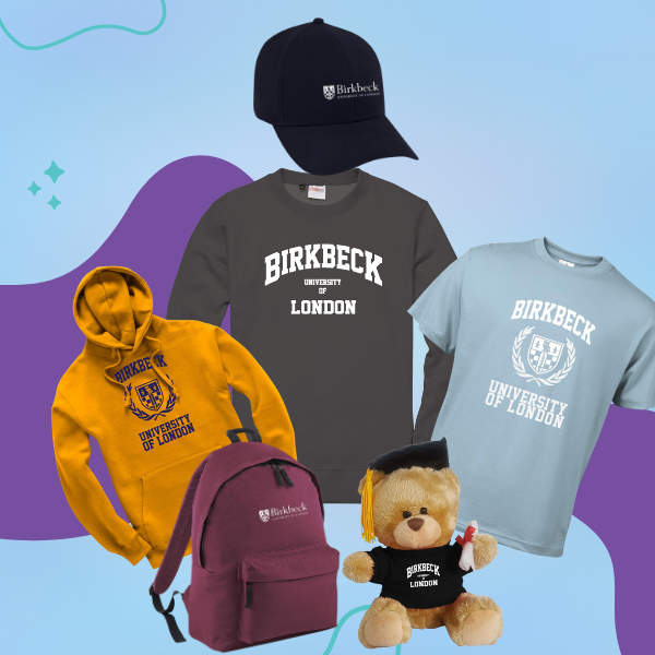 Photos of official Birkbeck Merchandise, including hats, bags and t-shirts