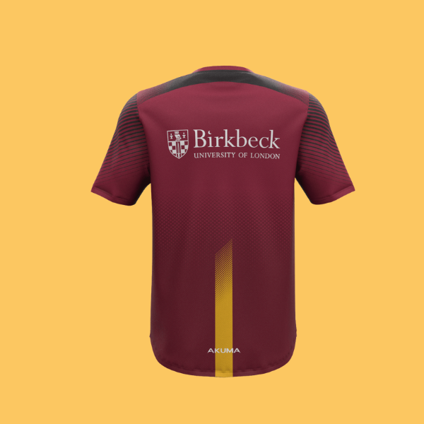 Yellow background with photo of a Burgundy Birkbeck T shirt