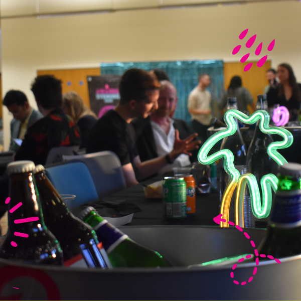 Image of a bucket of beer with a neon palm tree