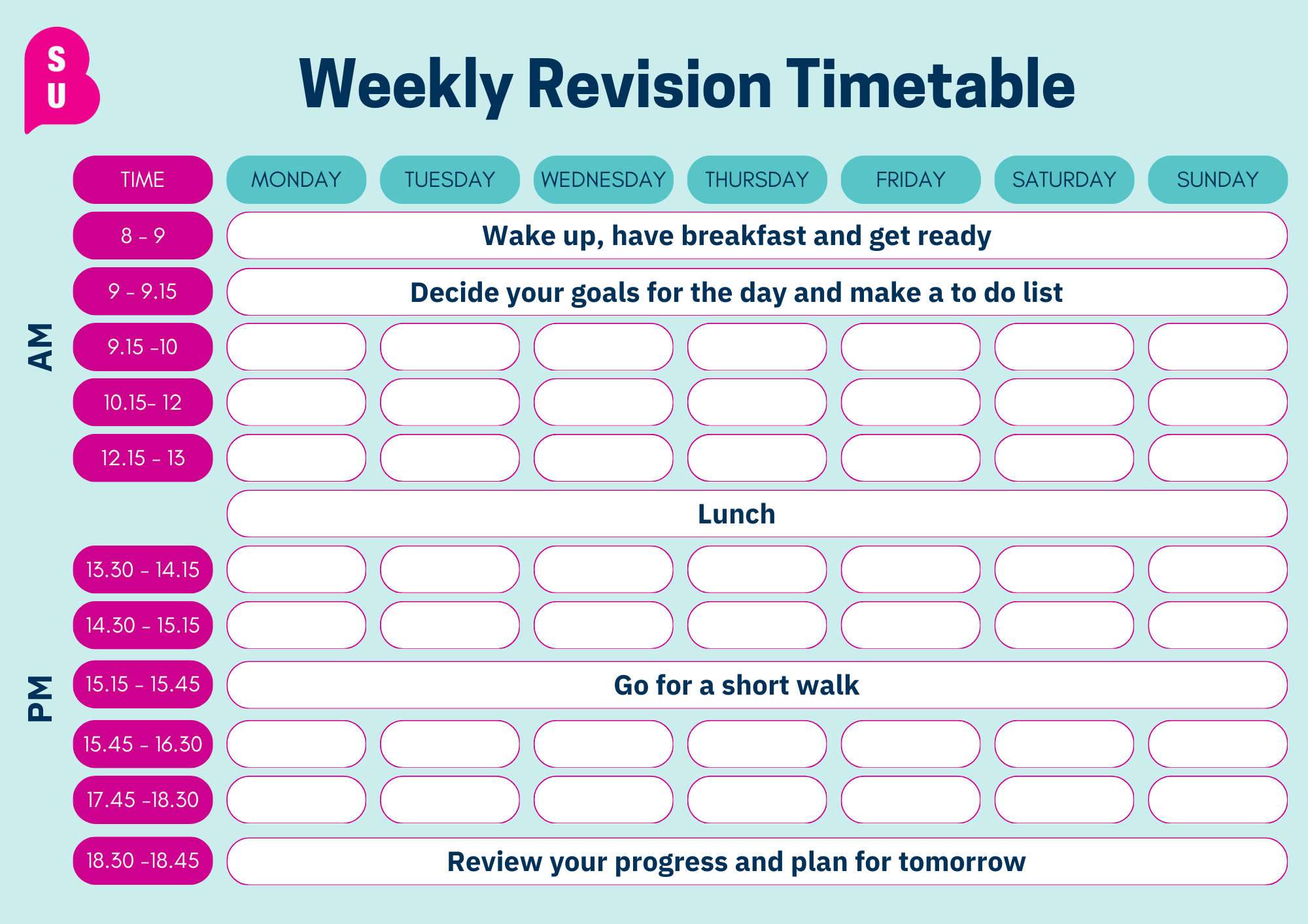 Image of a weekly revision timetable, with a light blue background and including hours and days 