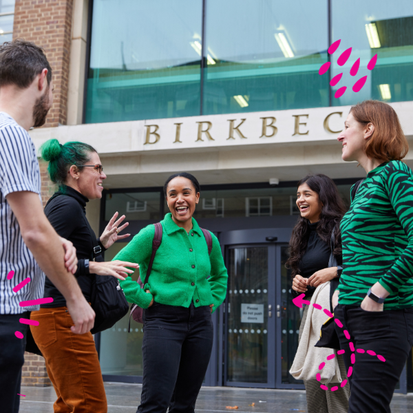Students talking and laughing in front of Malet Building