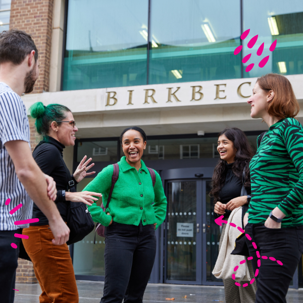 Students talking in front of Birkbeck and laughing