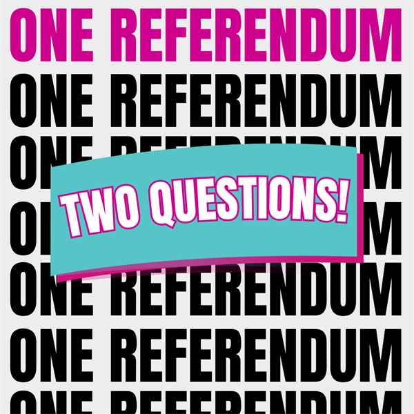 Bold text in black and Pink saying One Referendum, Two questions