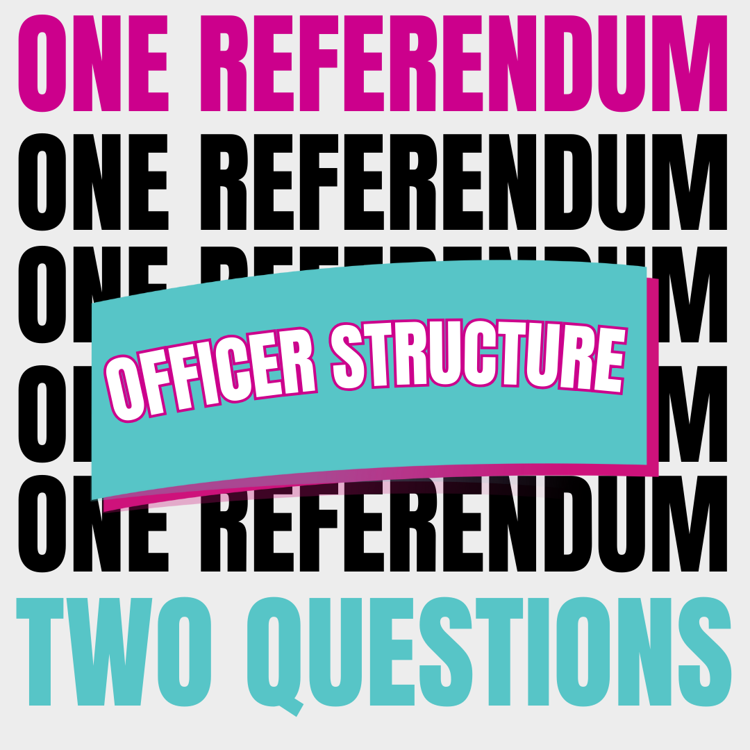 Black and Pink text saying One Referendum, Teal text saying Two questions, with a banner in the middle saying Officer Structure