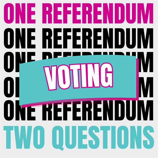 White background with text in multiple colours saying one referendum, two questions, voting